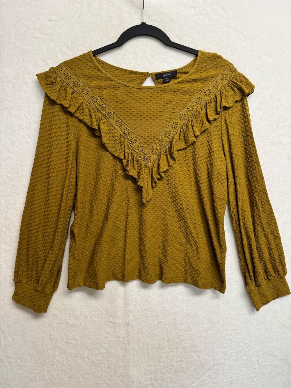 J Crew Ruffle-trim Honeycomb-knit Cotton Top Small Yellow Long Sleeve Keyhole